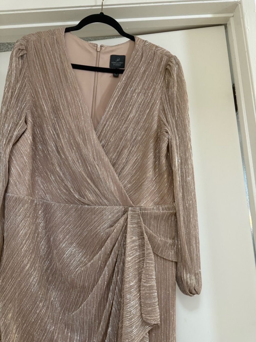 Adrianna Papell Metallic Blush Wrap-Style Long Sleeve Dress